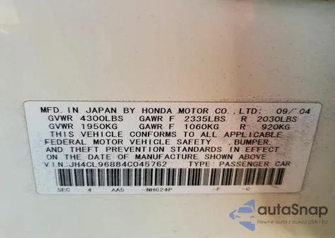 2004 Acura Tsx z USA, uszkodzony, nr VIN JH4CL96884C045762